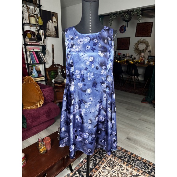 Lisa Jo Floral Print Blue Satin Lace Up Back Dress Women's Y2K 90's - Picture 5 of 8